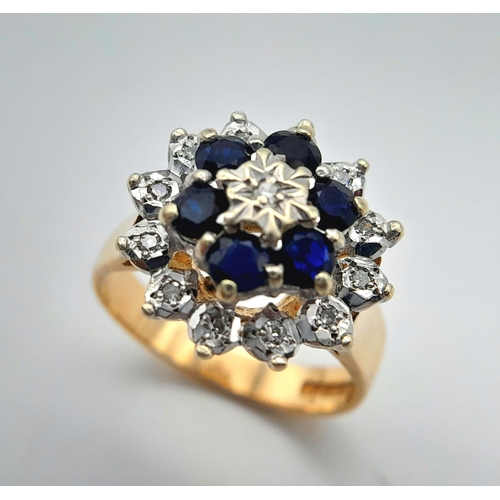 212 - A 9K YELLOW GOLD DIAMOND & SAPPHIRE CLUSTER RING. 4.55G IN WEIGHT. SIZE N. Ref: SC 1004