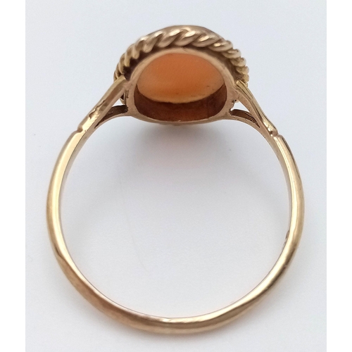 245 - Classic 9 CARAT GOLD CAMEO RING. Oval shape with beautiful GOLD ROPE surround. 2.06 grams. Size N.