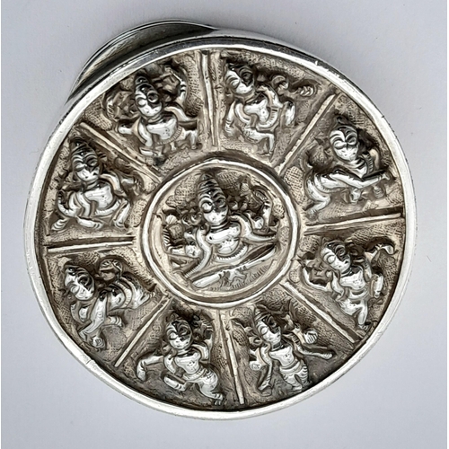 280 - Rare Eastern Vintage SILVER SNUFF BOX. Circular form with raised DEITIES. 4.5 cm.