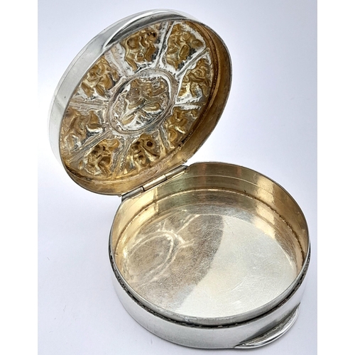 280 - Rare Eastern Vintage SILVER SNUFF BOX. Circular form with raised DEITIES. 4.5 cm.