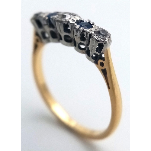 303 - AN 18K YELLOW GOLD & PLATINUM VINTAGE DIAMOND & SAPPHIRE RING. 2.35G TOTAL WEIGHT. SIZE L. Ref: SC 1... 