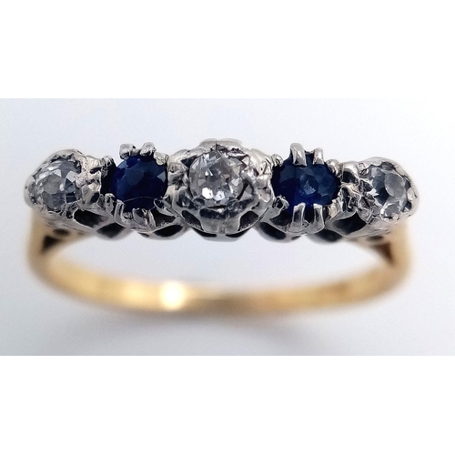 303 - AN 18K YELLOW GOLD & PLATINUM VINTAGE DIAMOND & SAPPHIRE RING. 2.35G TOTAL WEIGHT. SIZE L. Ref: SC 1... 