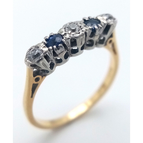 303 - AN 18K YELLOW GOLD & PLATINUM VINTAGE DIAMOND & SAPPHIRE RING. 2.35G TOTAL WEIGHT. SIZE L. Ref: SC 1... 