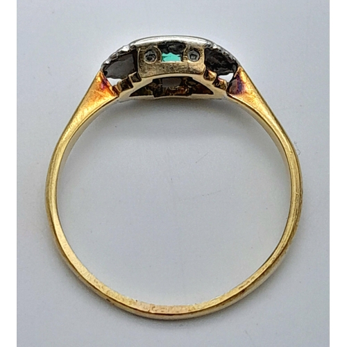 324 - AN 18K YELLOW GOLD & PLATINUM VINTAGE DIAMOND & EMERALD RING. 1.87G TOTAL WEIGHT. SIZE N. Ref: SC 10... 