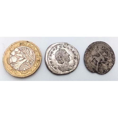 333 - Two Silver Roman Coins Comprising of a Roman Antoninianus 251-253 Volusian Plus One Other Unidentidi... 