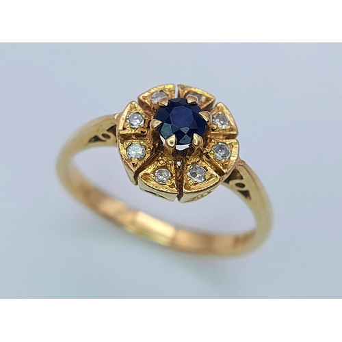 352 - AN 18K YELLOW GOLD DIAMOND & SAPPHIRE RING. 2.48G IN WEIGHT. SIZE G AND 1/2. Ref: SC 1057