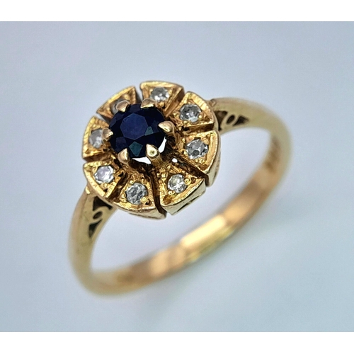 352 - AN 18K YELLOW GOLD DIAMOND & SAPPHIRE RING. 2.48G IN WEIGHT. SIZE G AND 1/2. Ref: SC 1057