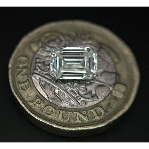 415 - A LAB GROWN EMERALD CUT DIAMOND 1.60CT E VS1 NO FLUORESCENCE TRIPLE X. 0.3G TOTAL WEIGHT. APPROX. 0.... 