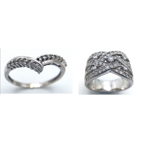 487 - A Parcel of Two Ladies Dress Rings Comprising 1) A 9 Carat White Gold Cubic Zirconia Wishbone Design... 