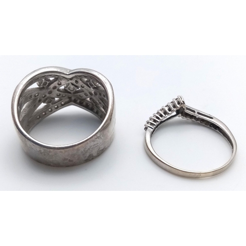 487 - A Parcel of Two Ladies Dress Rings Comprising 1) A 9 Carat White Gold Cubic Zirconia Wishbone Design... 