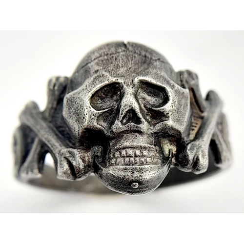 491 - A WW2 German Silver Waffen SS Totenkopf Skull Kanteen Ring. UK Size “V” US Size 11. Known as a Kante... 