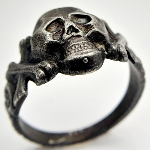 491 - A WW2 German Silver Waffen SS Totenkopf Skull Kanteen Ring. UK Size “V” US Size 11. Known as a Kante... 