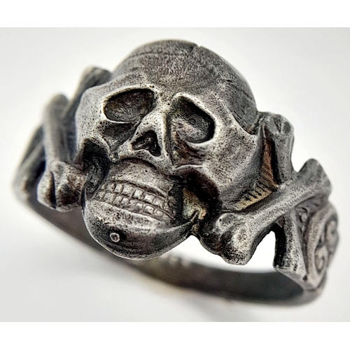 491 - A WW2 German Silver Waffen SS Totenkopf Skull Kanteen Ring. UK Size “V” US Size 11. Known as a Kante... 