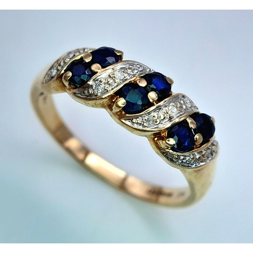 499 - A 9K YELLOW GOLD DIAMOND & SAPPHIRE RING. 2.78G IN WEIGHT. SIZE S AND 1/2. Ref: SC 1008