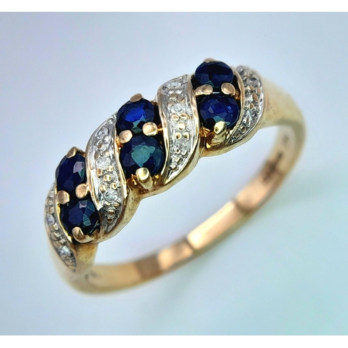 499 - A 9K YELLOW GOLD DIAMOND & SAPPHIRE RING. 2.78G IN WEIGHT. SIZE S AND 1/2. Ref: SC 1008