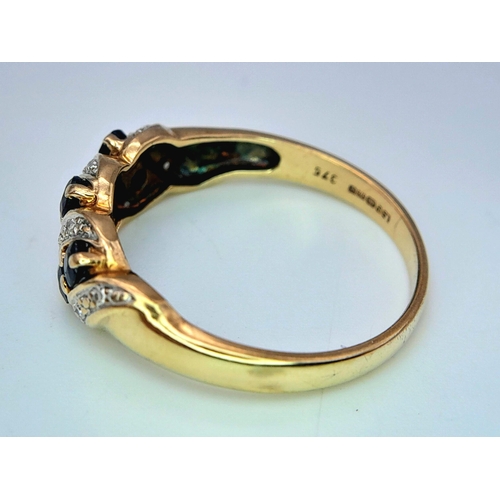 499 - A 9K YELLOW GOLD DIAMOND & SAPPHIRE RING. 2.78G IN WEIGHT. SIZE S AND 1/2. Ref: SC 1008