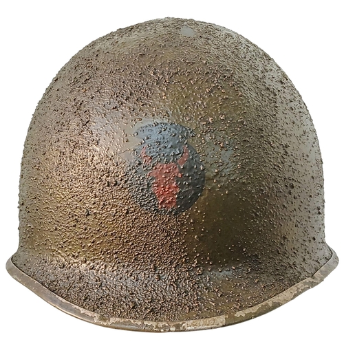 50 - A WW2 US M1 Swivel Bale Front Seam Helmet. Corked and badged to the 34th Infantry Division.