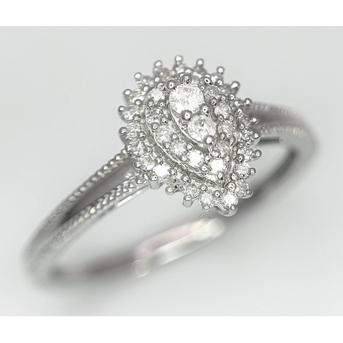 513 - A 9K WHITE GOLD DIAMOND PEAR SHAPE RING 0.16CT. 1.7G TOTAL WEIGHT. SIZE L AND 1/2. Ref: SC 1010