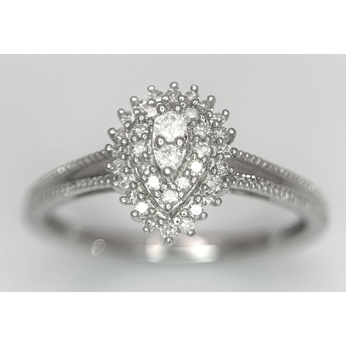 513 - A 9K WHITE GOLD DIAMOND PEAR SHAPE RING 0.16CT. 1.7G TOTAL WEIGHT. SIZE L AND 1/2. Ref: SC 1010