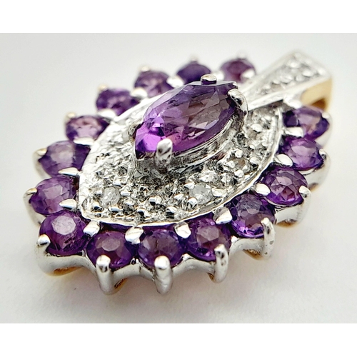 527 - A 9K YELLOW GOLD DIAMOND & AMETHYST PENDANT. 1.7G IN WEIGHT. APPROX. 1.8CM IN HEIGHT AND 1.1CM IN WI... 