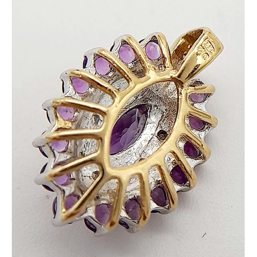 527 - A 9K YELLOW GOLD DIAMOND & AMETHYST PENDANT. 1.7G IN WEIGHT. APPROX. 1.8CM IN HEIGHT AND 1.1CM IN WI... 