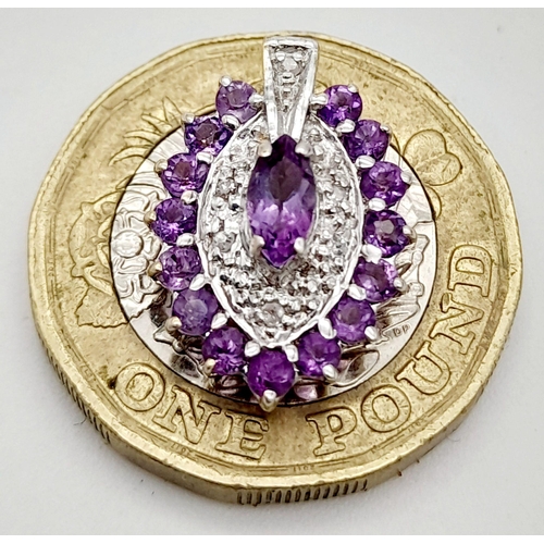 527 - A 9K YELLOW GOLD DIAMOND & AMETHYST PENDANT. 1.7G IN WEIGHT. APPROX. 1.8CM IN HEIGHT AND 1.1CM IN WI... 