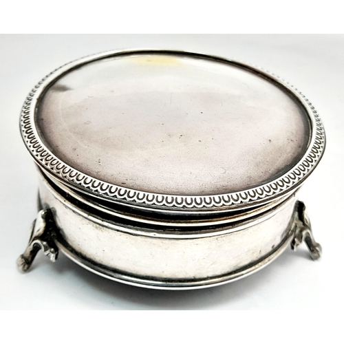 532 - Antique Art Deco SILVER TRINKET BOX. Circular drum form standing on three FLEUR DE LYS legs. Full ha... 