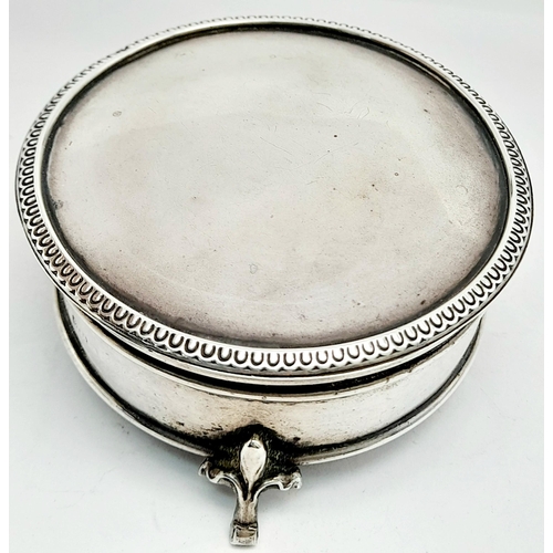 532 - Antique Art Deco SILVER TRINKET BOX. Circular drum form standing on three FLEUR DE LYS legs. Full ha... 