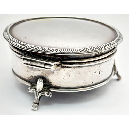 532 - Antique Art Deco SILVER TRINKET BOX. Circular drum form standing on three FLEUR DE LYS legs. Full ha... 