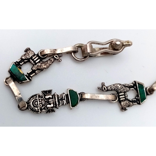 56 - Beautiful Vintage South American SILVER and MALACHITE LLAMA BRACELET.18 cm. Fabulous and unusual, pl... 