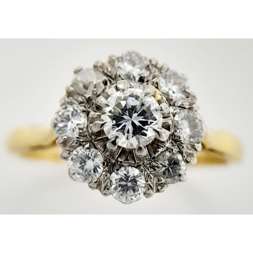 58 - AN 18K YELLOW GOLD & PLATINUM VINTAGE DIAMOND CLUSTER RING. 0.65CT. 3.15G IN WEIGHT. SIZE N. Ref: A/... 