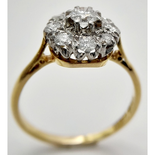 58 - AN 18K YELLOW GOLD & PLATINUM VINTAGE DIAMOND CLUSTER RING. 0.65CT. 3.15G IN WEIGHT. SIZE N. Ref: A/... 