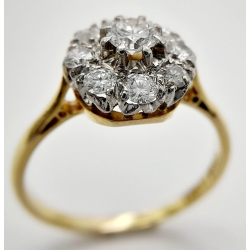 58 - AN 18K YELLOW GOLD & PLATINUM VINTAGE DIAMOND CLUSTER RING. 0.65CT. 3.15G IN WEIGHT. SIZE N. Ref: A/... 