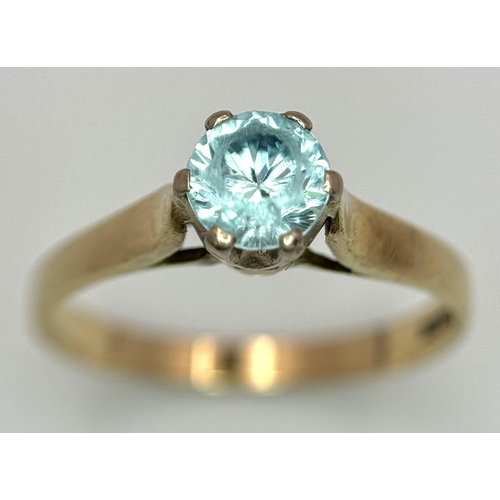 70 - Beautiful 9 CARAT GOLD, AQUAMARINE SOLITAIRE RING. Fully hallmarked.  2.08 grams. Size M.