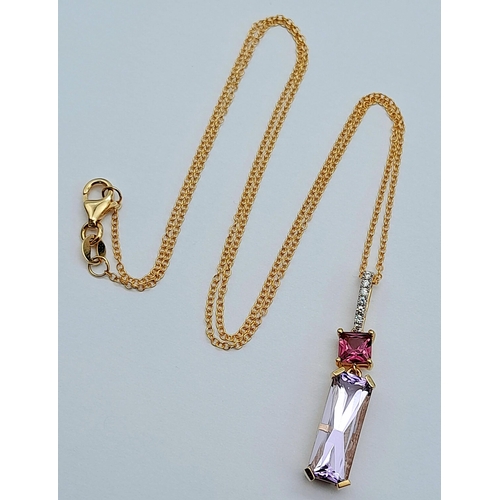 93 - AN 18K YELLOW GOLD DIAMOND, PINK TOPAZ & AMETHYST DROP NECKLACE. 4.7G TOTAL WEIGHT. APPROX. 45CM IN ... 