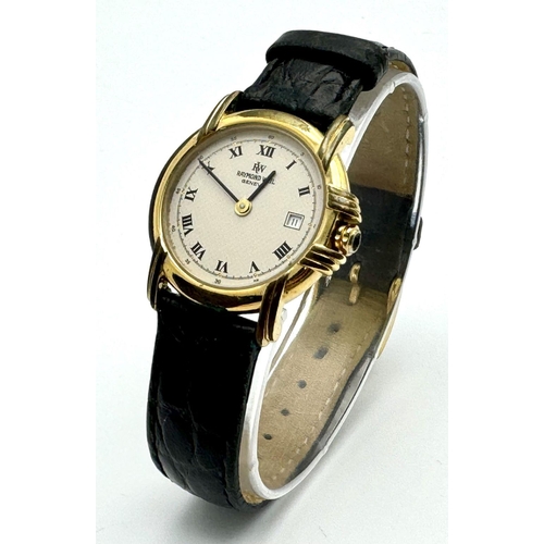 1124 - A Raymond Weil Gold Plated Quartz Ladies Watch. Black leather strap. Gilded case - 28mm. Cream dial ... 