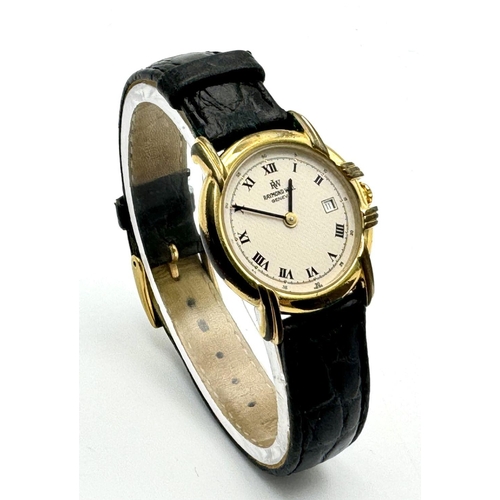 1124 - A Raymond Weil Gold Plated Quartz Ladies Watch. Black leather strap. Gilded case - 28mm. Cream dial ... 