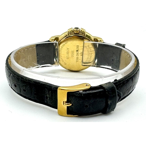 1124 - A Raymond Weil Gold Plated Quartz Ladies Watch. Black leather strap. Gilded case - 28mm. Cream dial ... 