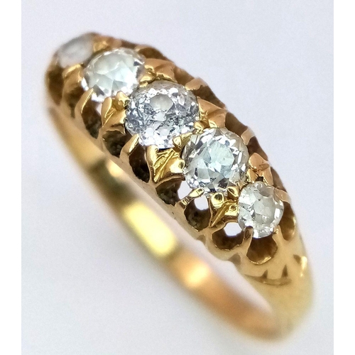 619 - An 18K Yellow Gold (tested) Five Stone Diamond Ring. Size M 1/2. 2.9g total weight.