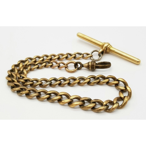 110 - AN ANTIQUE WATCH CHAIN IN 9K GOLD WITH A LATER ADDED 18K GOLD T-BAR .  TOTAL WEIGHT 20gms    24cms