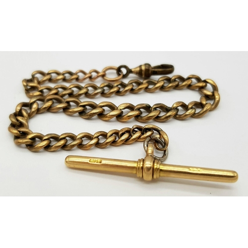 110 - AN ANTIQUE WATCH CHAIN IN 9K GOLD WITH A LATER ADDED 18K GOLD T-BAR .  TOTAL WEIGHT 20gms    24cms