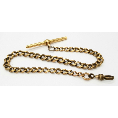 110 - AN ANTIQUE WATCH CHAIN IN 9K GOLD WITH A LATER ADDED 18K GOLD T-BAR .  TOTAL WEIGHT 20gms    24cms