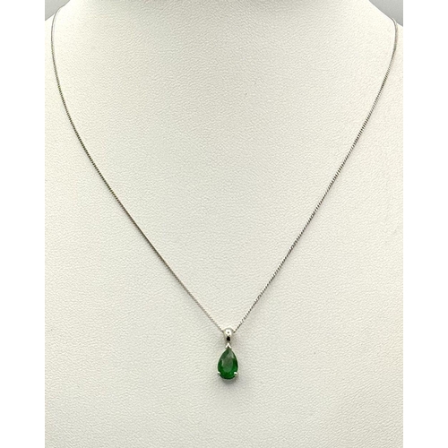 416 - An Emerald Teardrop Gemstone set in Platinum on a Disappearing 950 Platinum Italian Necklace. 0.80ct... 