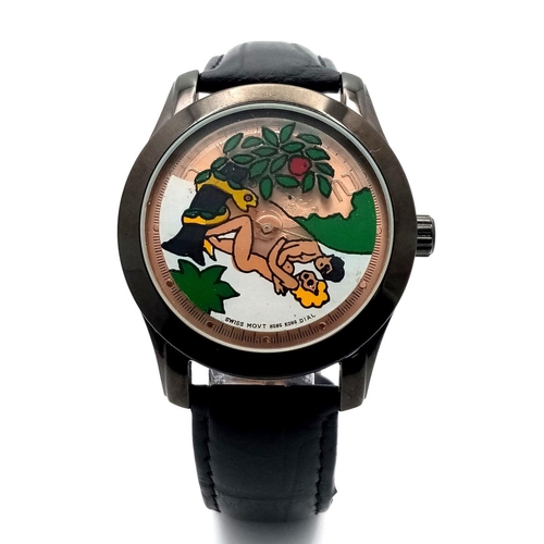 986 - An Adam and Eve Automatic Erotic Watch - Gold mine 18. 
Black leather strap. Steel and ceramic case ... 