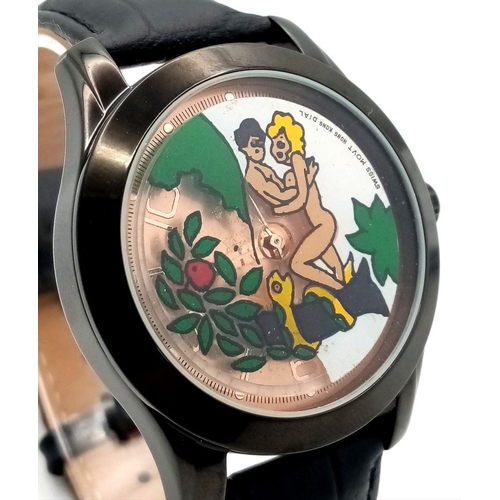 986 - An Adam and Eve Automatic Erotic Watch - Gold mine 18. 
Black leather strap. Steel and ceramic case ... 