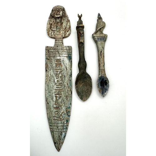 1096 - A Parcel of Three Vintage Egyptian Stone Artifacts comprising a Knife Design Tutankhamun Piece and T... 