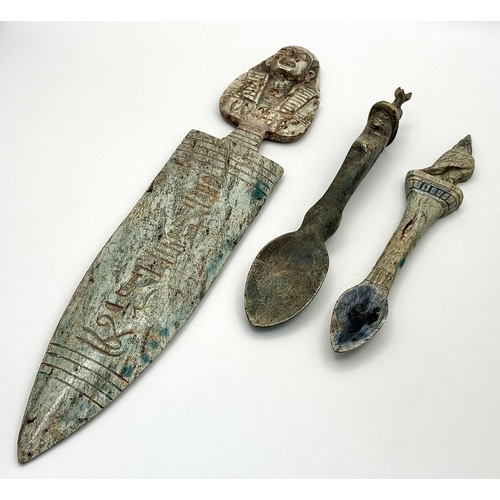 1096 - A Parcel of Three Vintage Egyptian Stone Artifacts comprising a Knife Design Tutankhamun Piece and T... 