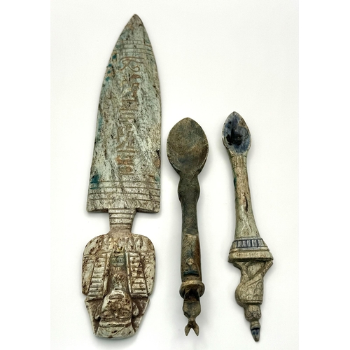 1096 - A Parcel of Three Vintage Egyptian Stone Artifacts comprising a Knife Design Tutankhamun Piece and T... 