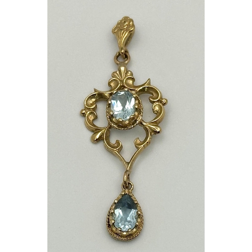 28 - Vintage BLUE TOPAZ SET, 9 CARAT GOLD Hallmarked Edwardian STYLE PENDANT.5.4 grams.  6 cm Drop. Styli... 