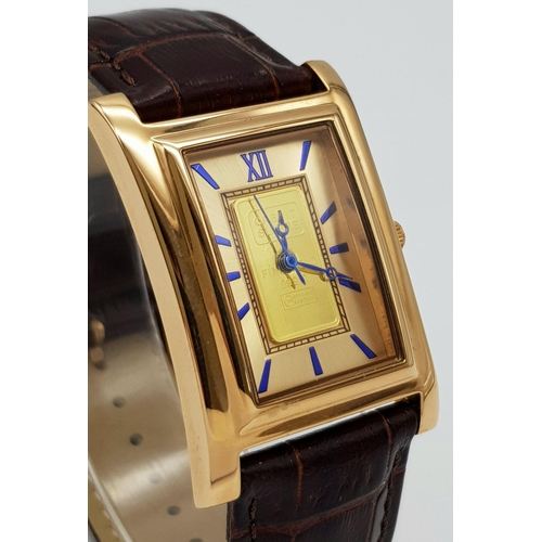 298 - A Men’s (As New Condition) Stauer Swiss Fine Gold 1 Gram Ingot Face Tank Style Watch. 28mm Rose Gold... 